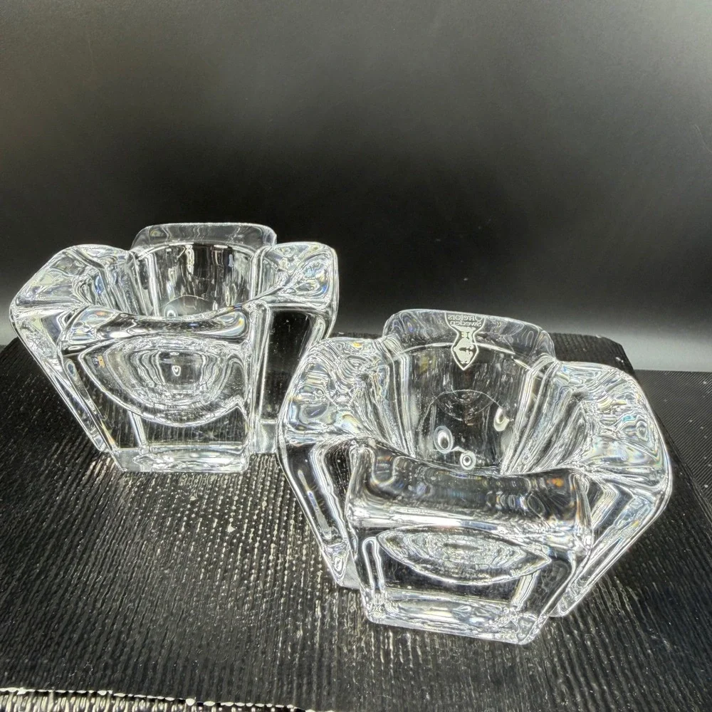 Orrefors Sweden Corona Crystal Votive Candle Holder Set of 2 Lars Hellsten Clear